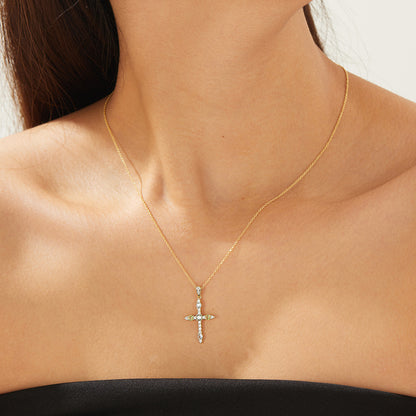 S925 Sterling Silver European and American Style Cross Pendant Necklace with Colorful Zirconia for W