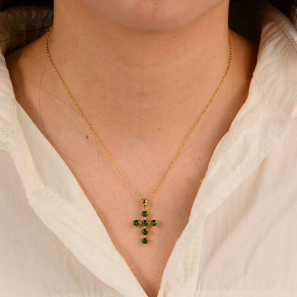 Cross-border European and American Ins Style Retro Light Luxury Emerald Zircon Cross Pendant Necklac