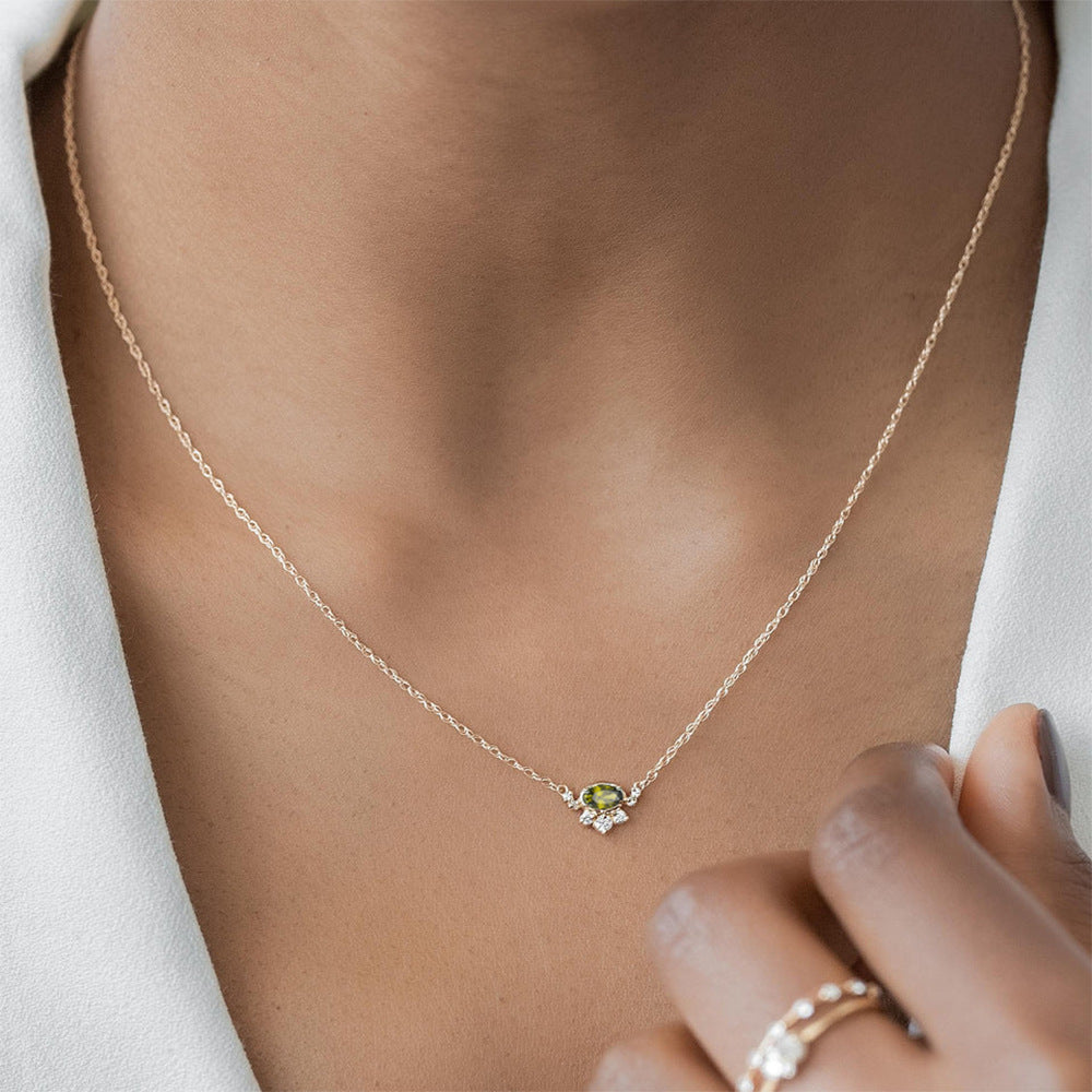 S925 Sterling Silver Egg-shaped Olive Green Zircon Pendant Necklace Women's European and American Cr