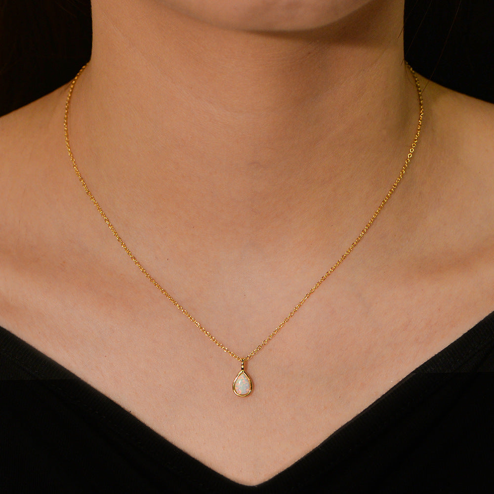 S925 Sterling Silver Geometric Pear-shaped Opal Necklace European and American Light Luxury Ins High