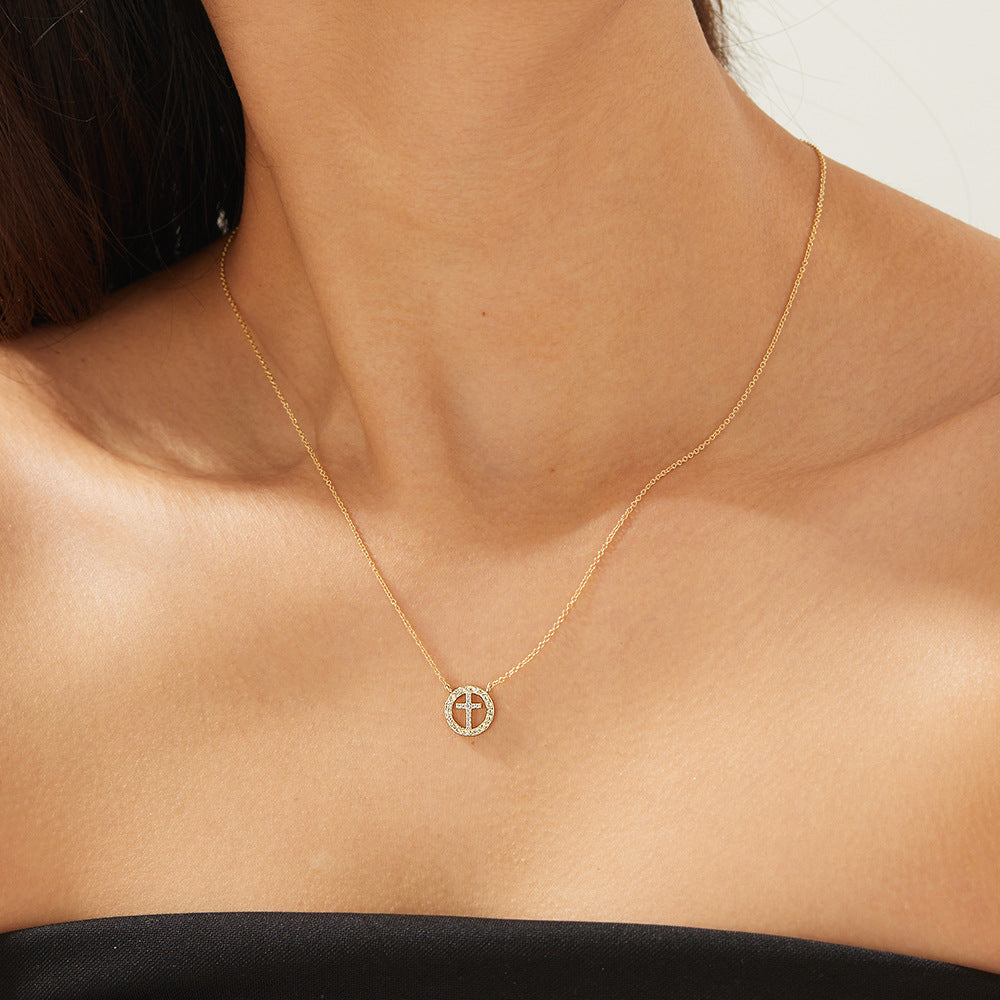 925 Sterling Silver Niche Design Round Hollow Diamond-Encrusted Cross Necklace for Women, European