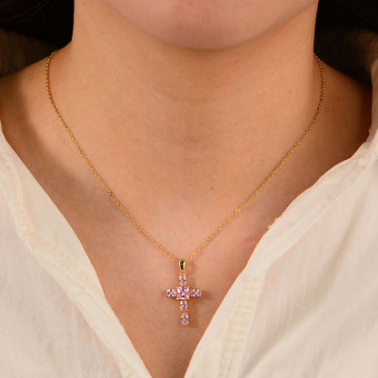 S925 Sterling Silver Pink Zircon Cross Necklace Female European and American Niche Design Feeling Te