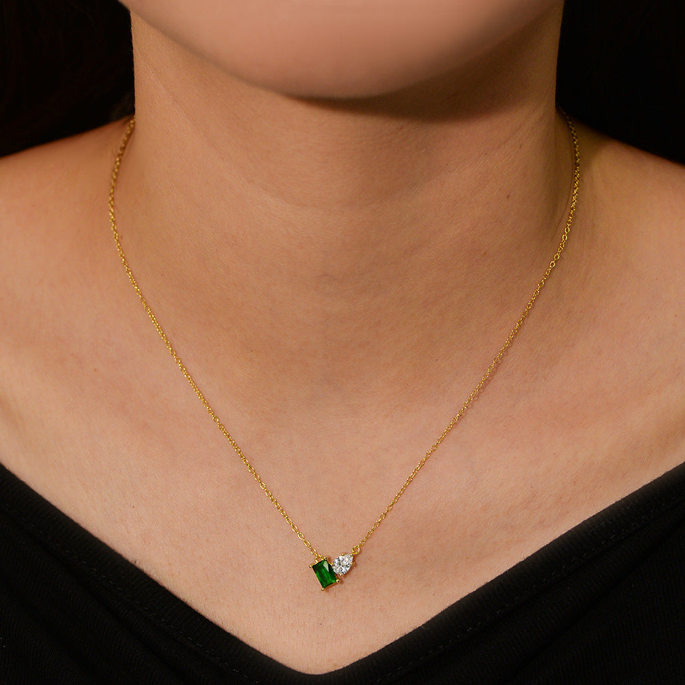 S925 Sterling Silver Inlaid with Emerald Rectangular Water Drop Zircon Necklace for Women European a