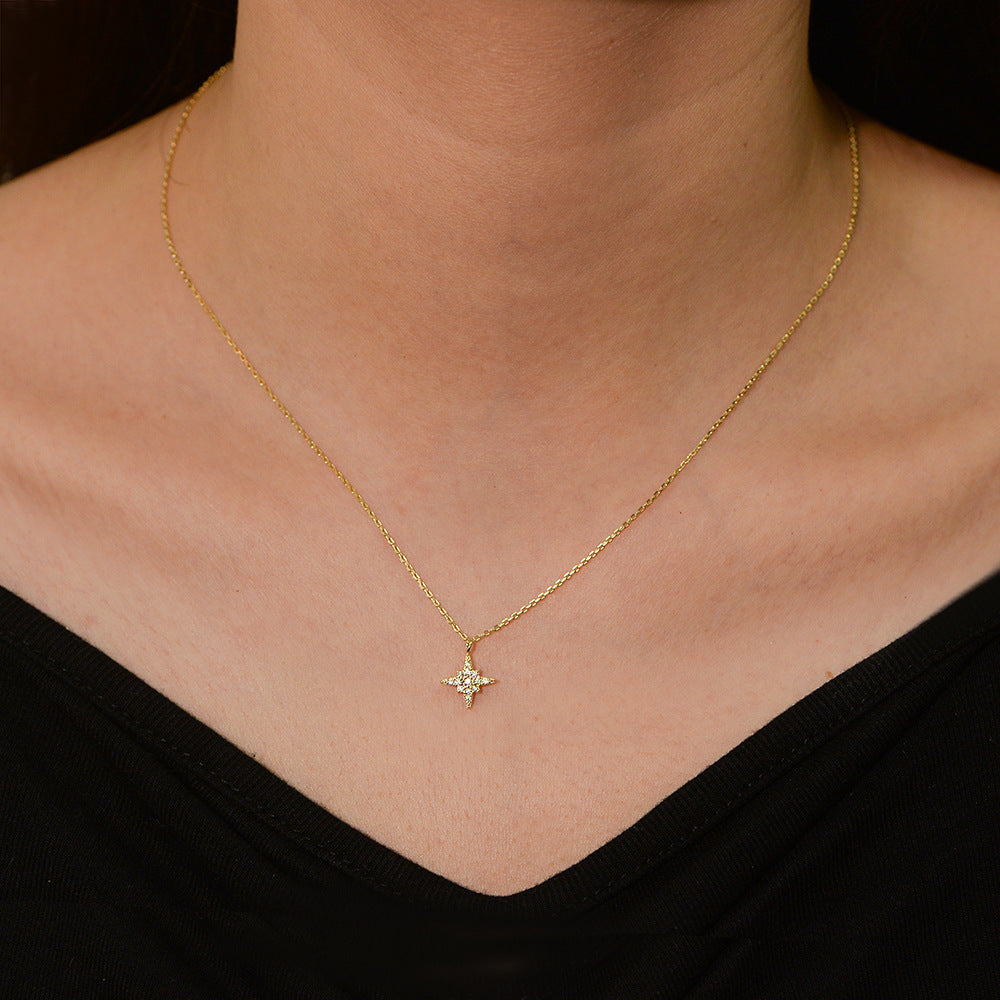 New style full diamond eight Awn star pure silver necklace female European and American ins niche de