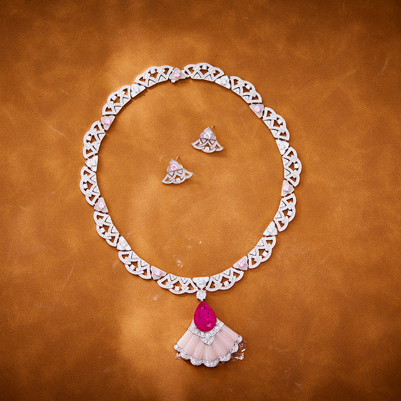 Style Ladylike Pink Fan Necklace - 18K Gold Plated | Bo Cheng Jewelry - View 3