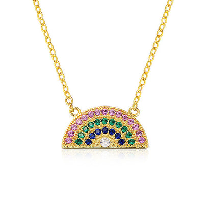 S925 Sterling Silver Geometric Semicircle Rainbow Zircon Necklace Pendant European and American Cros