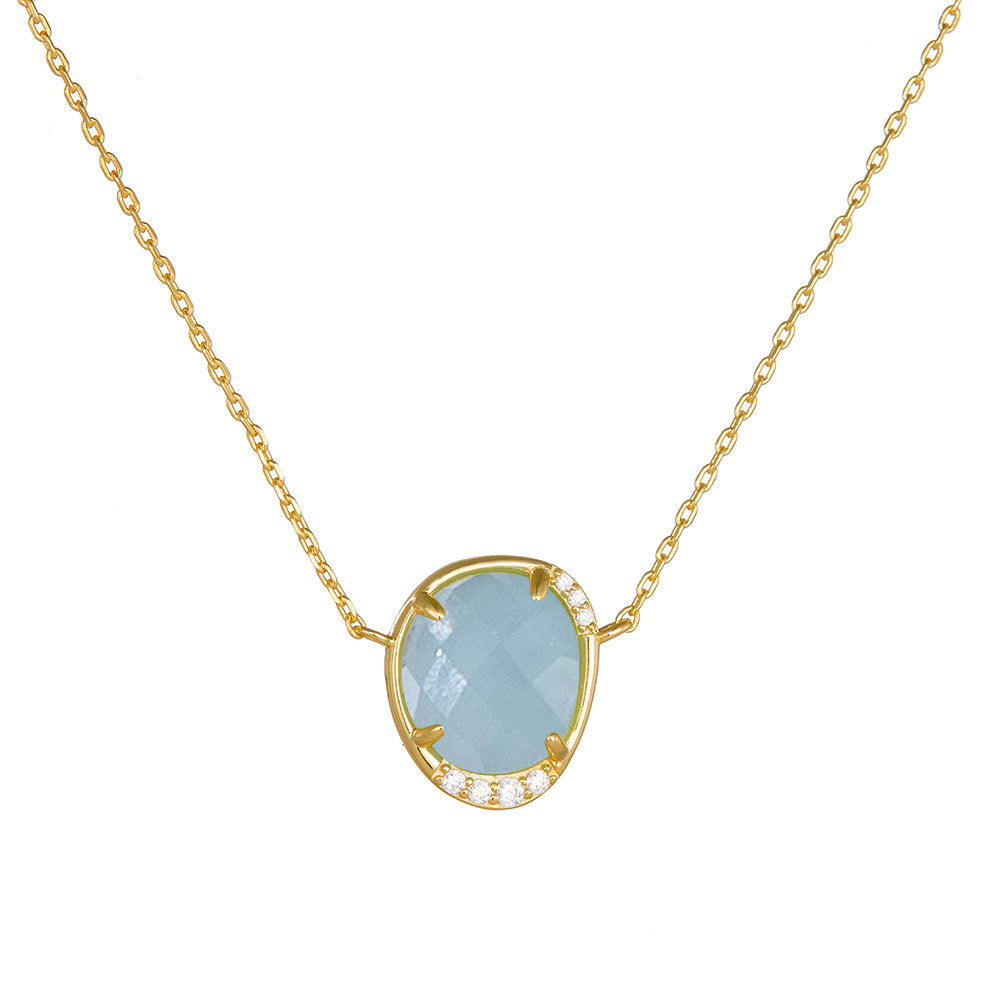 Oval Egg-shaped Natural Haibao Sapphire Pendant Sterling Silver Necklace Women's European and Americ