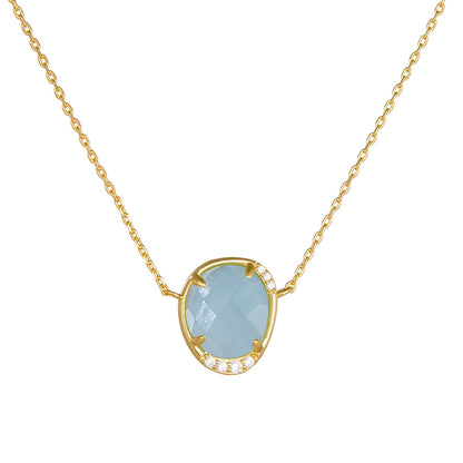 Oval Egg-shaped Natural Haibao Sapphire Pendant Sterling Silver Necklace Women's European and Americ