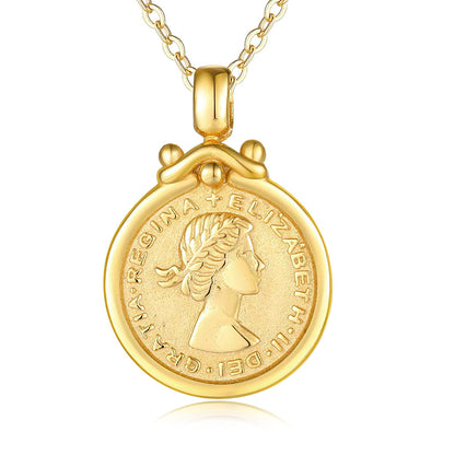 S925 Sterling Silver Elizabeth Portrait Coin Embossed Necklace European and American ins Style Fashi