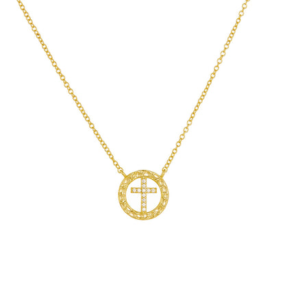 925 Sterling Silver Niche Design Round Hollow Diamond-Encrusted Cross Necklace for Women, European