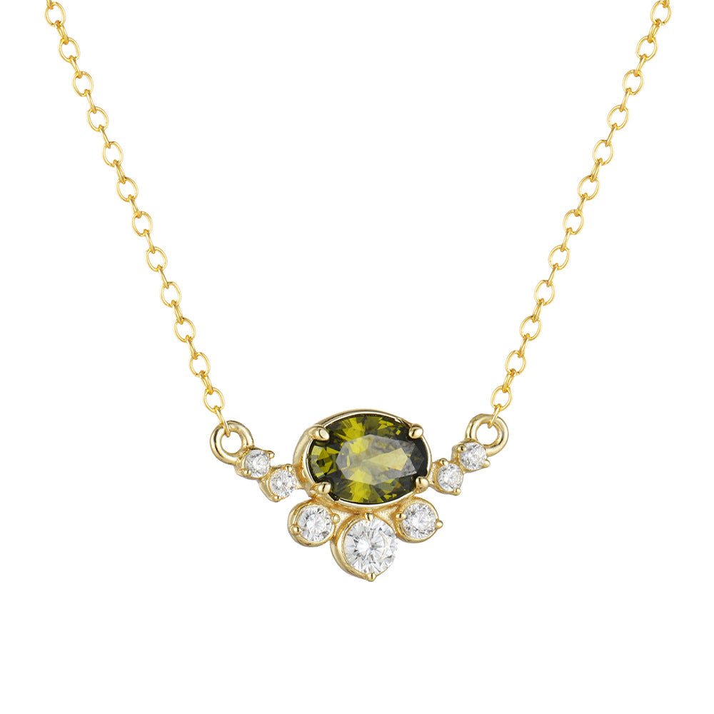 S925 Sterling Silver Egg-shaped Olive Green Zircon Pendant Necklace Women's European and American Cr