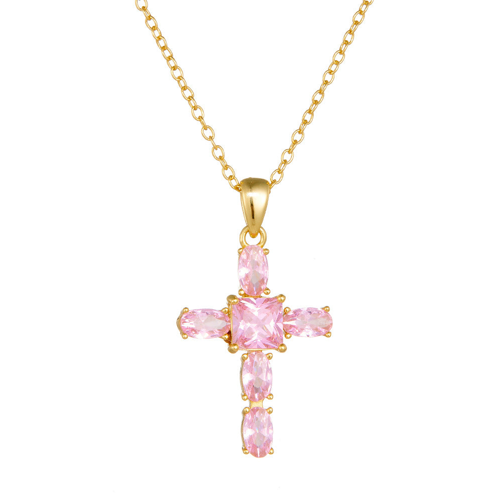 S925 Sterling Silver Pink Zircon Cross Necklace Female European and American Niche Design Feeling Te