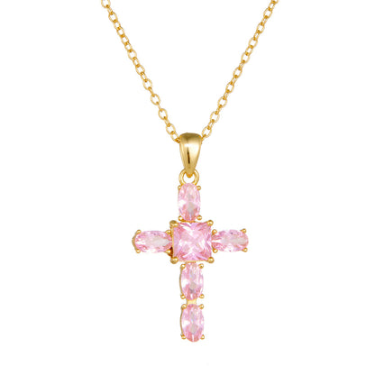 S925 Sterling Silver Pink Zircon Cross Necklace Female European and American Niche Design Feeling Te