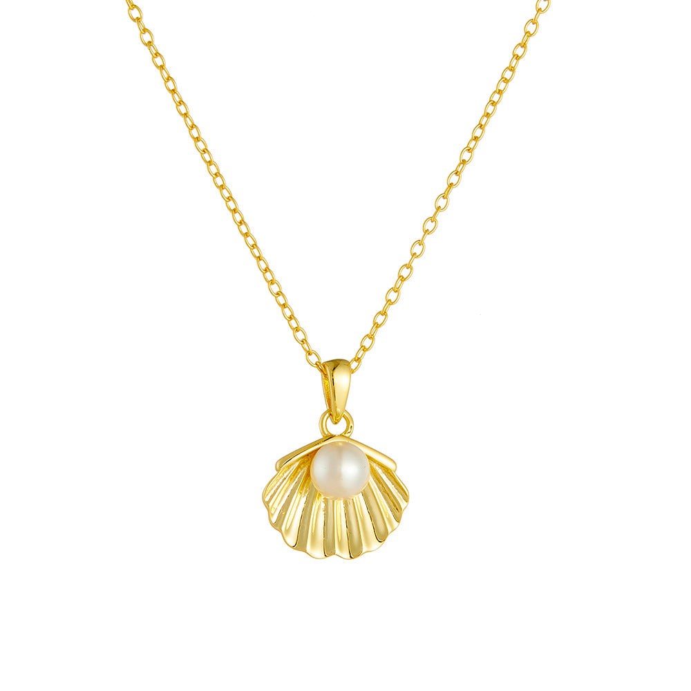 S925 Sterling Silver Plated 14K Gold Pearl Shell Necklace Women's Elegant Elegant European and Ameri