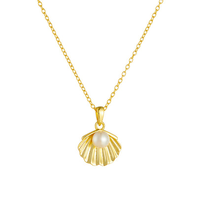 S925 Sterling Silver Plated 14K Gold Pearl Shell Necklace Women's Elegant Elegant European and Ameri