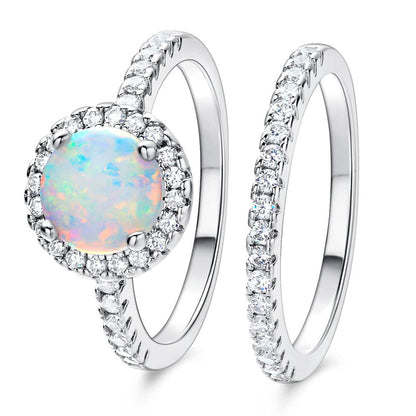 White Fire Opal & Micro Pavé CZ Two-Piece Ring Set | Bridal Stack  | Wholesale Opal Jewelry | Bo Cheng Jewelry