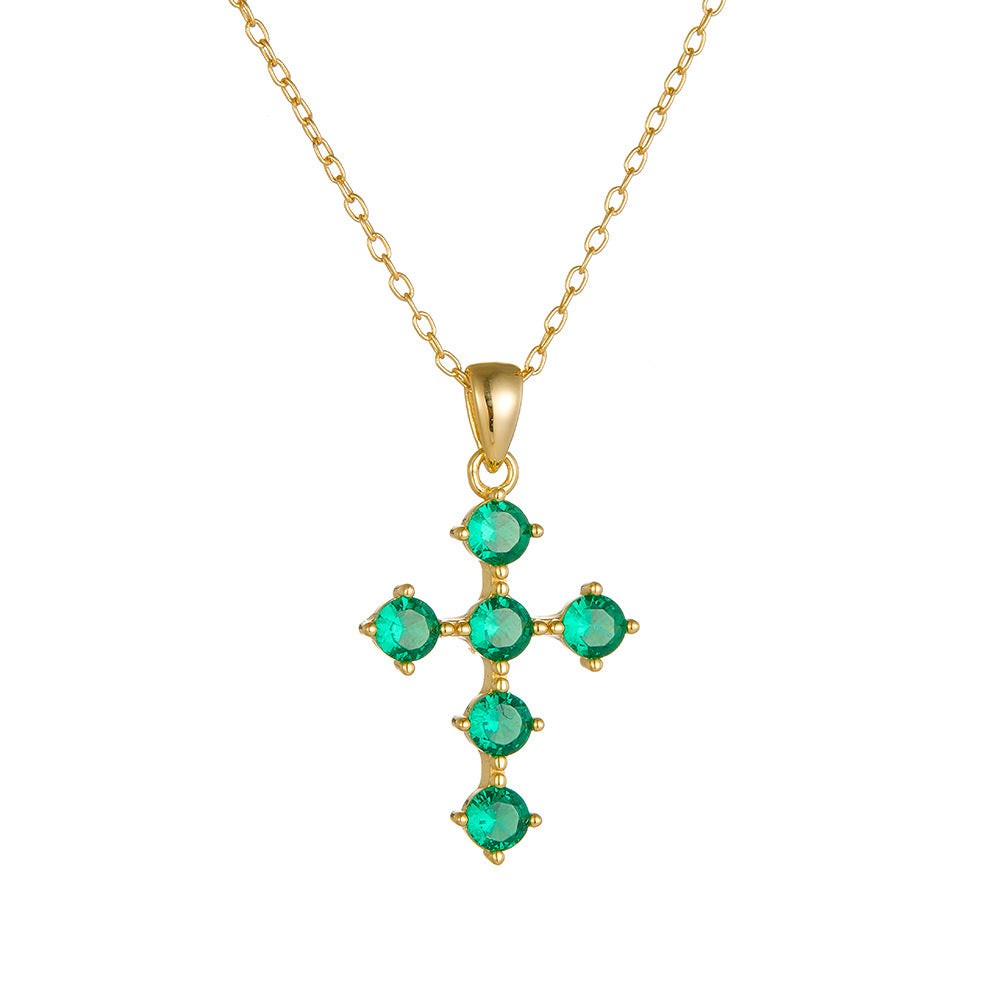 Cross-border European and American Ins Style Retro Light Luxury Emerald Zircon Cross Pendant Necklac