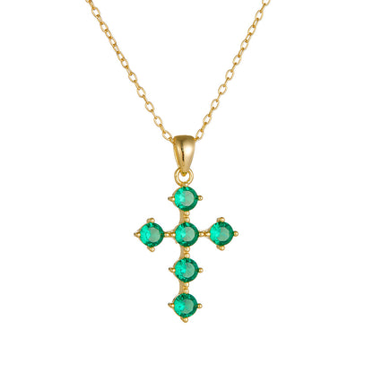 Cross-border European and American Ins Style Retro Light Luxury Emerald Zircon Cross Pendant Necklac