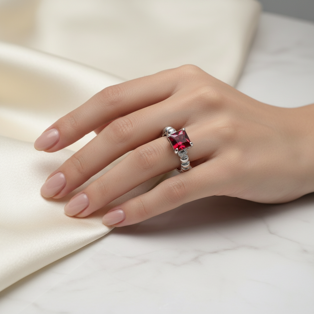 方形石榴石戒指佩戴展示