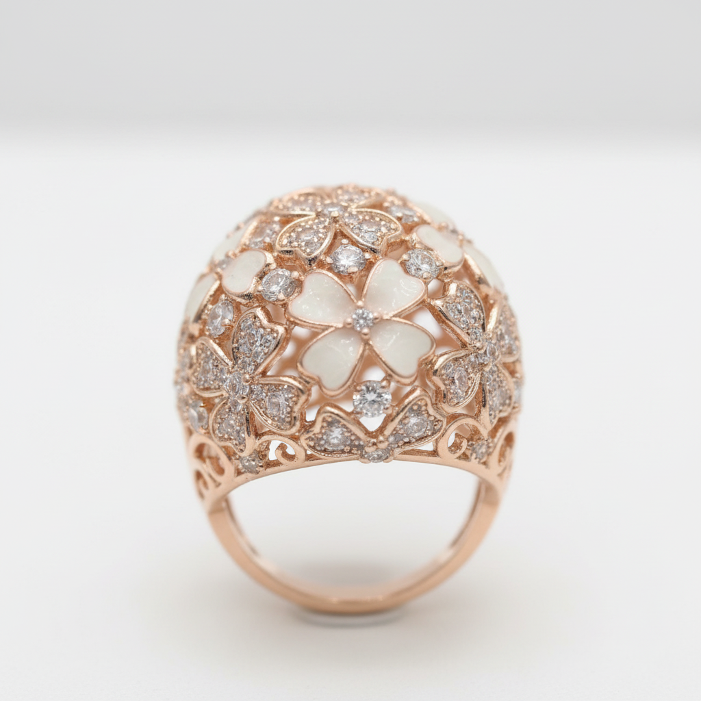 Rose gold dome ball ring white enamel flower pave CZ copper wholesale