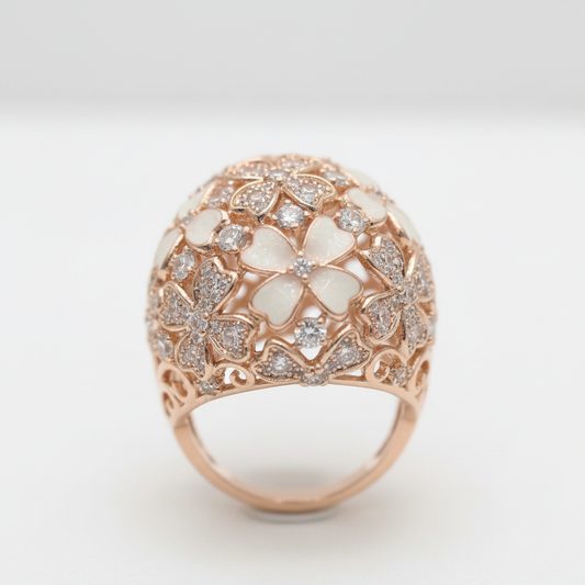 Rose gold dome ball ring white enamel flower pave CZ copper wholesale