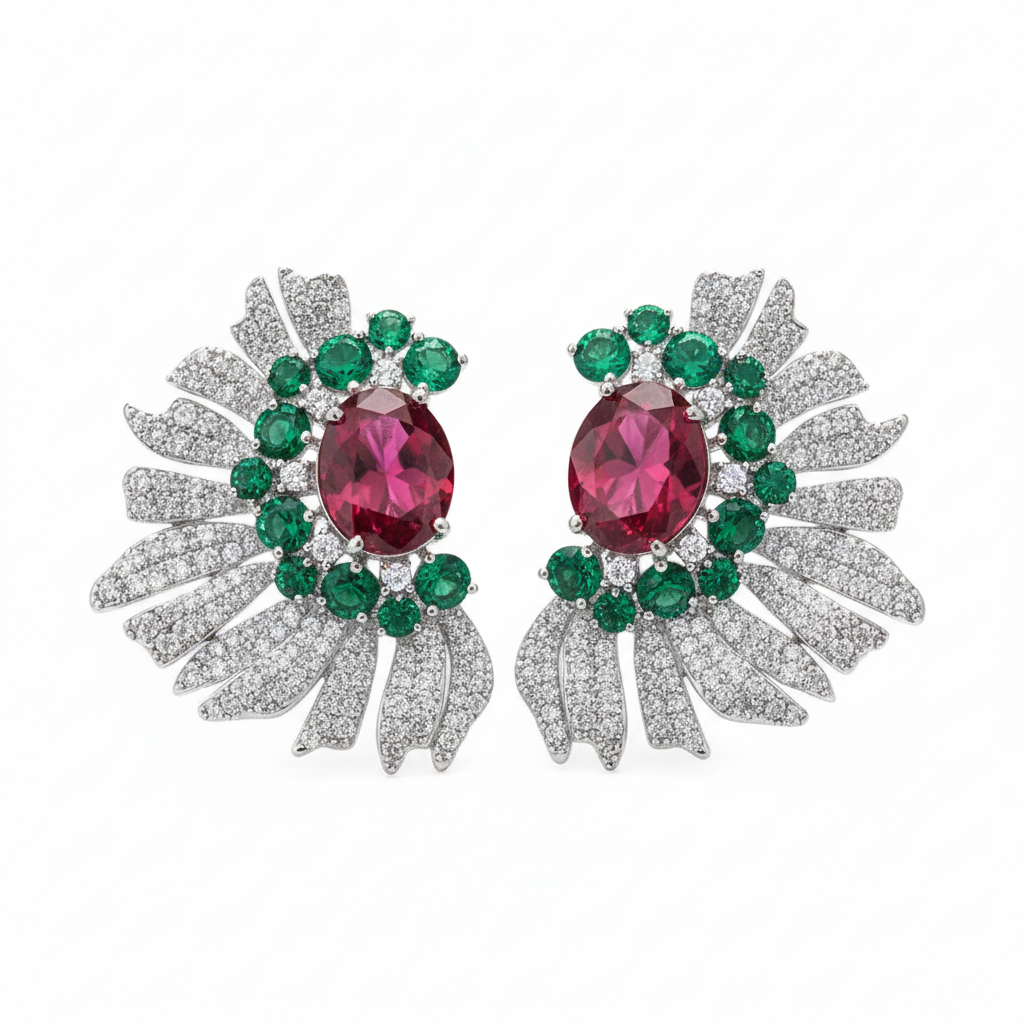 Ruby emerald sunburst pave CZ stud earrings 3 colors silver gold wholesale