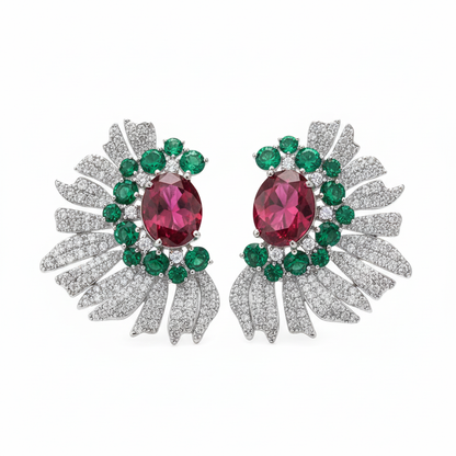 Ruby emerald sunburst pave CZ stud earrings 3 colors silver gold wholesale