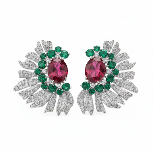 Ruby emerald sunburst pave CZ stud earrings 3 colors silver gold wholesale