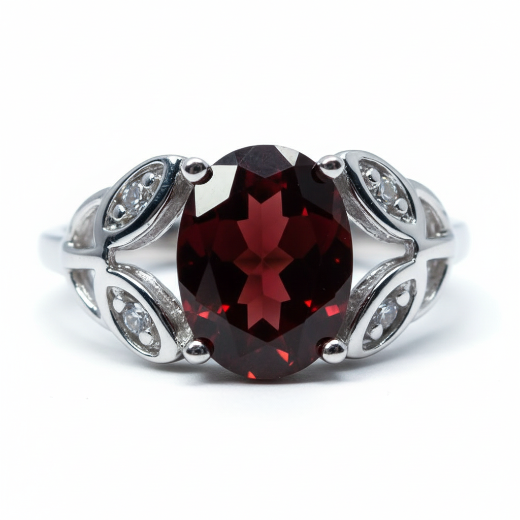 白金色石榴石戒指细节特写