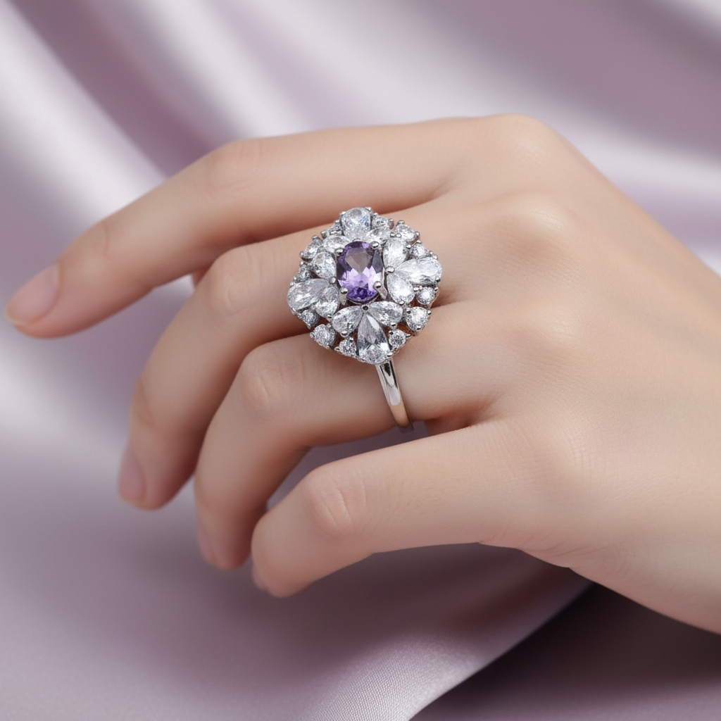 紫水晶花朵戒指佩戴展示