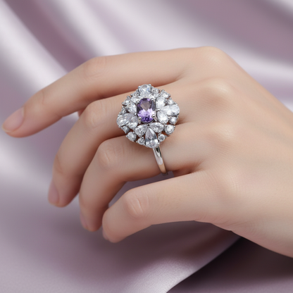 紫水晶花朵戒指佩戴展示