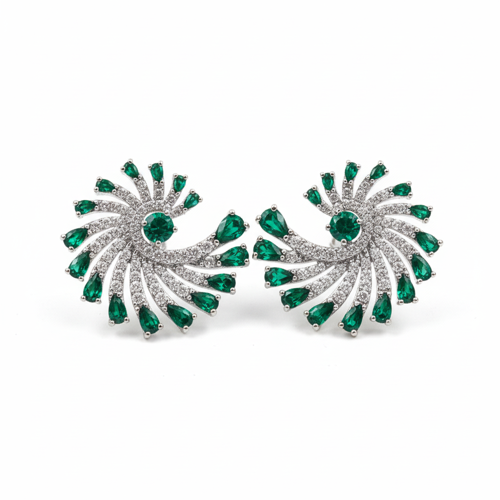 Pinwheel spiral pave CZ stud earrings silver gold emerald ruby wholesale