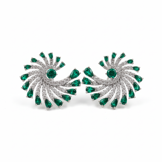 Pinwheel spiral pave CZ stud earrings silver gold emerald ruby wholesale