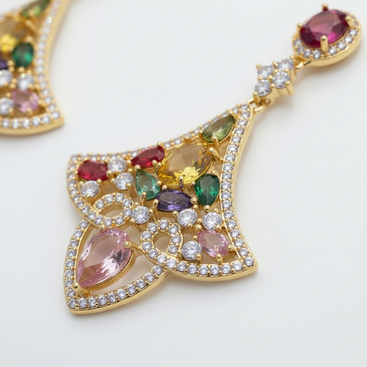 Multicolor gemstone fan earrings detail view gold pave CZ wholesale