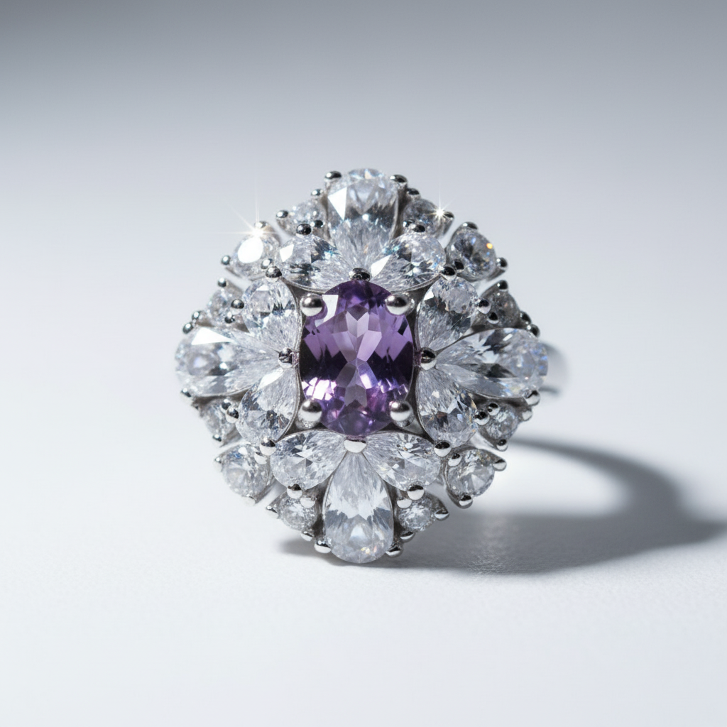 紫水晶花朵戒指细节特写