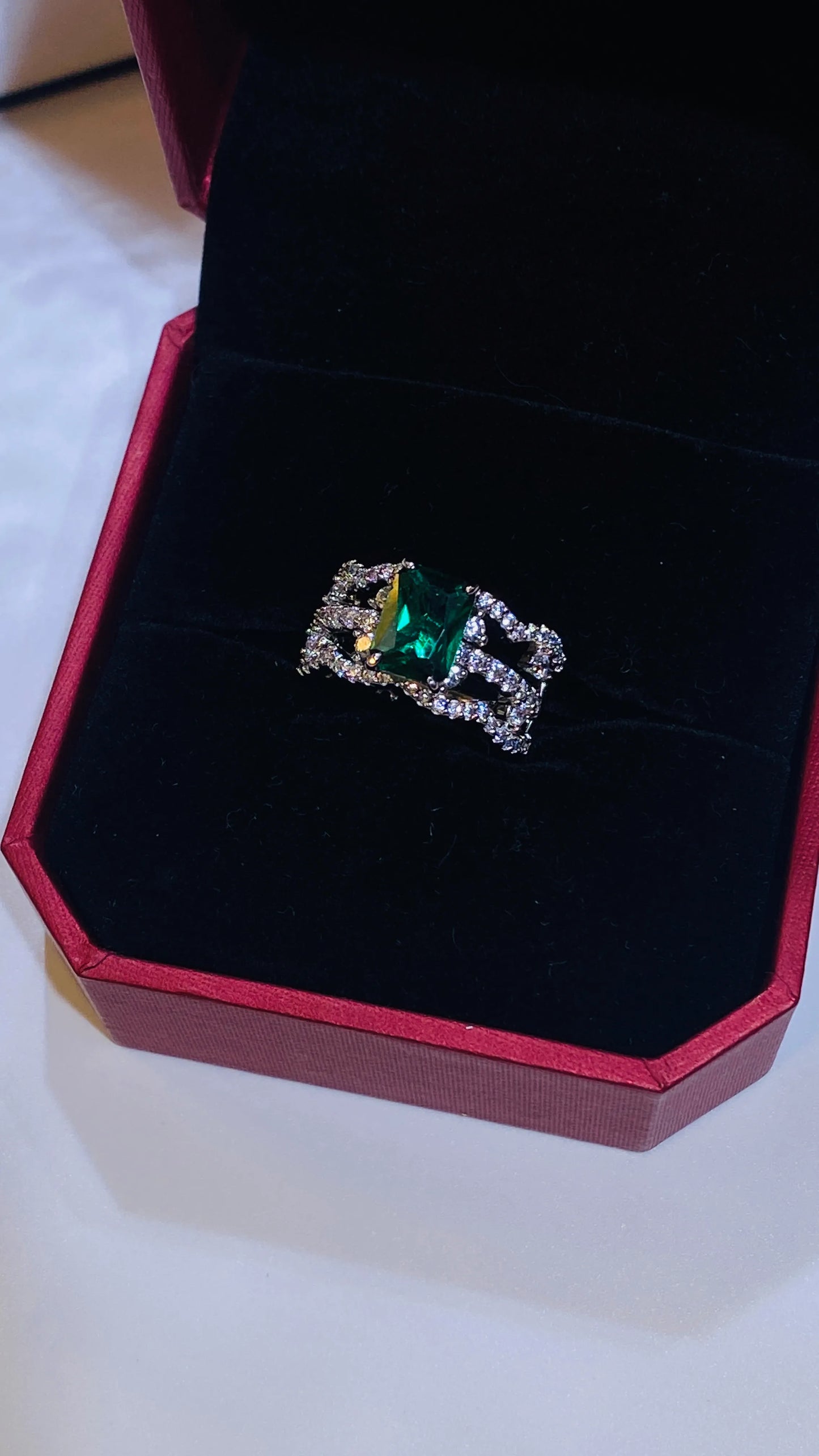 18K White Gold Plated Sterling Silver Ring Set with Lab-Grown Emerald
