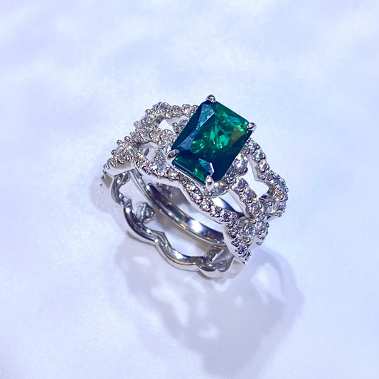 18K White Gold Plated Sterling Silver Ring Set with Lab-Grown Emerald Close-up Detail - Craftsmanship Excellence