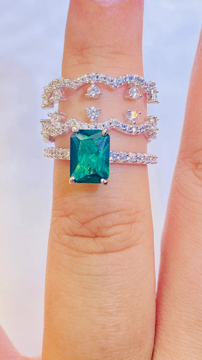 18K White Gold Plated Sterling Silver Ring Set with Lab-Grown Emerald