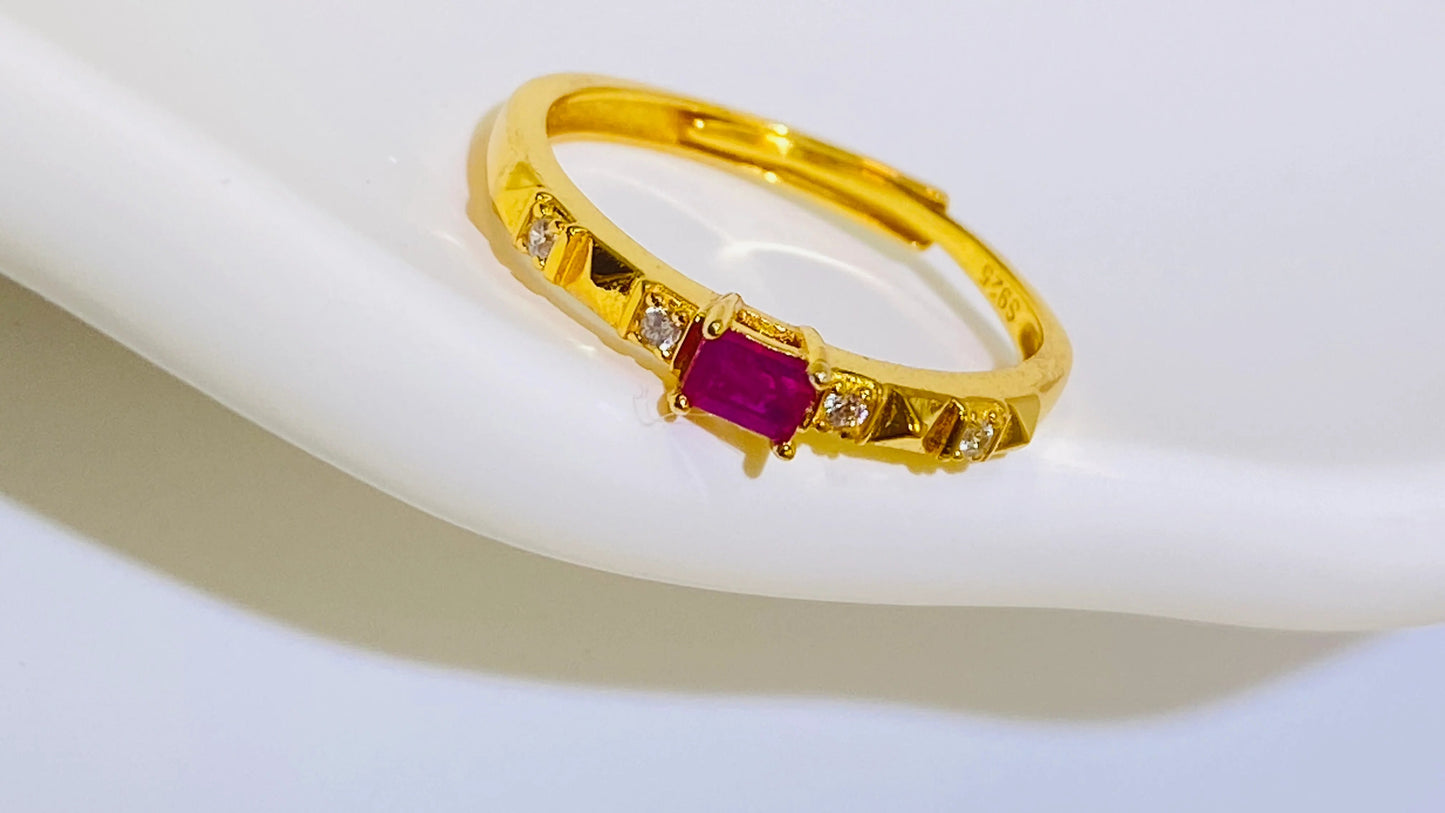Natural Untreated Square Ruby Ring - 18K Gold Plated Sterling Silver