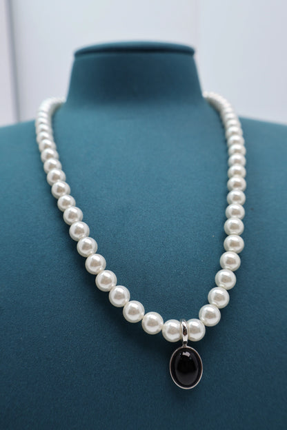 Black Onyx Pearl Necklace 925 Sterling Silver