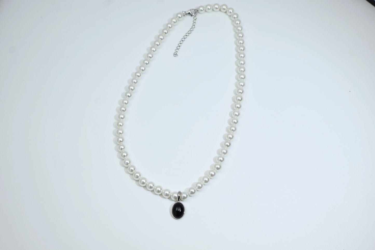 Black Onyx Pearl Necklace 925 Sterling Silver
