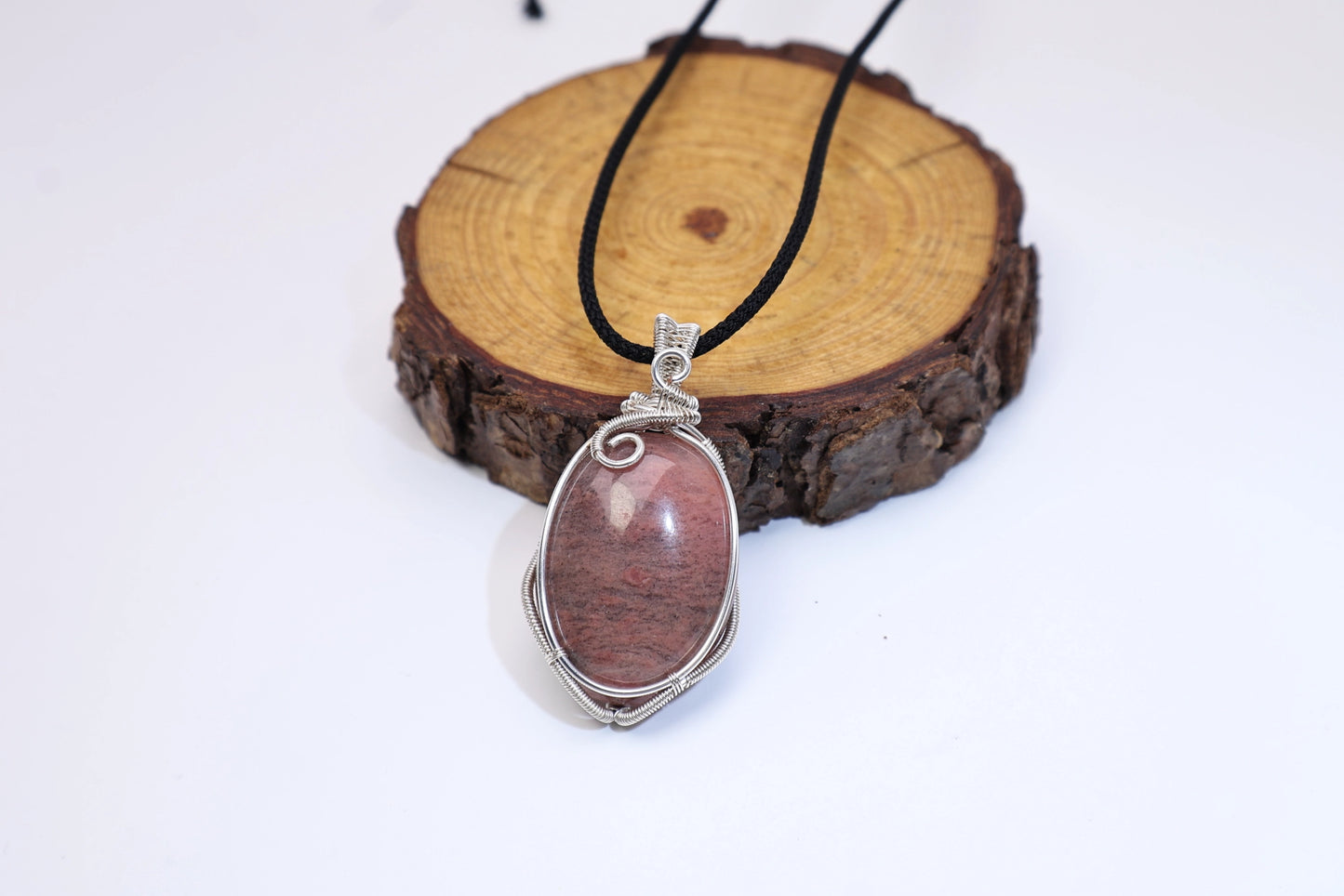 Boho Wire Wrapped Rhodochrosite Pendant Necklace