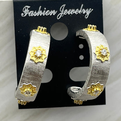 Buccellati Style Brushed Finish Earrings | 925 Sterling Silver with Two-Tone Gold Plating and Three-Dimensional Floral Design