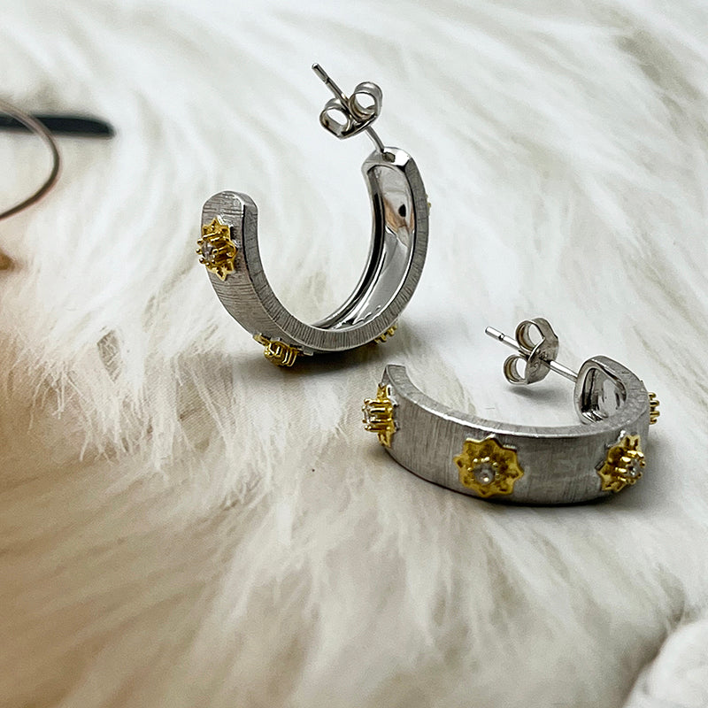 Buccellati Style Brushed Finish Earrings | 925 Sterling Silver with Two-Tone Gold Plating and Three-Dimensional Floral Design