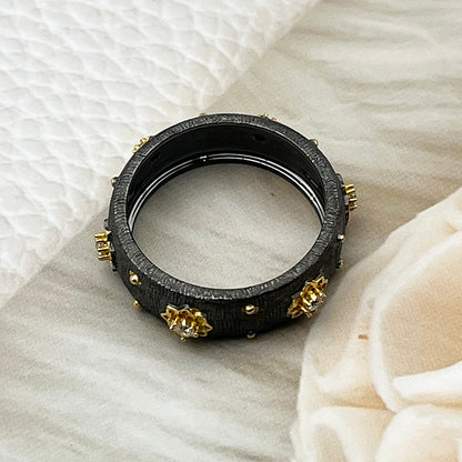 Buccellati-style black and gold brushed ring | 925 sterling silver, black rhodium plated, three-dimensional floral design