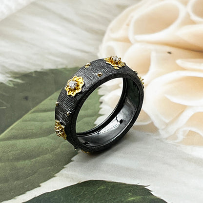 Buccellati-style black and gold brushed ring | 925 sterling silver, black rhodium plated, three-dimensional floral design