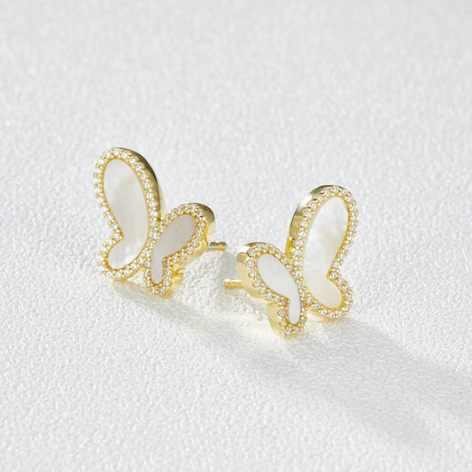 Butterfly shell stud earrings worn on ear 925 silver supplier