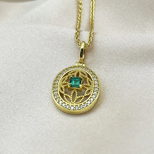Openwork emerald pendant necklace worn on neck gold plated supplier