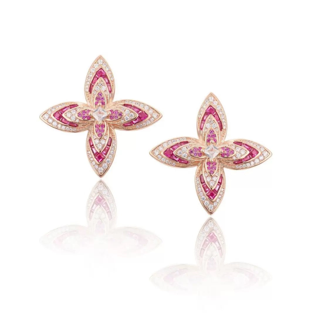 Ruby Diamond Four-Petal Flower Pendant Necklace - 18K Gold Plated | Bo Cheng Jewelry