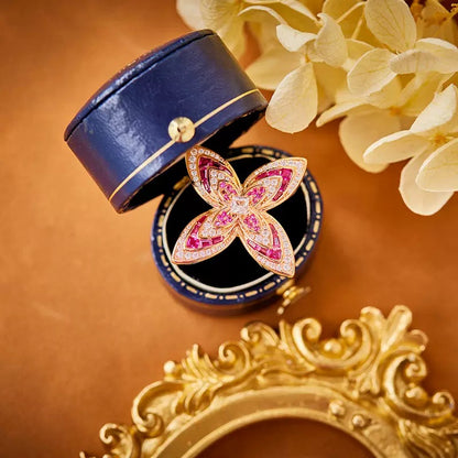 Ruby Diamond Four-Petal Flower Pendant Necklace - 18K Gold Plated | Bo Cheng Jewelry